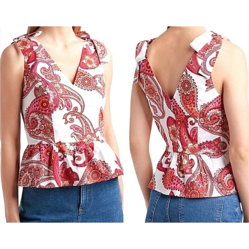 Express Size L Paisley Peplum Top V-Neck Tie Shoulder Boho Festival